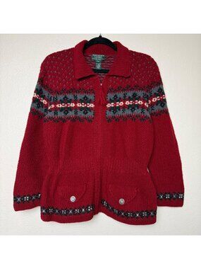 Lauren Ralph Lauren Hand Knit Wool Cardigan Red Fair Isle Pattern Zip Front Sz P